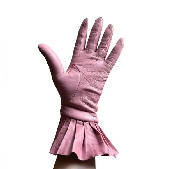 NWT- Shaneen Huxham Genuine Leather Ruffle Cuff Pink Gloves- Size 6.5 - Picture 4 of 15